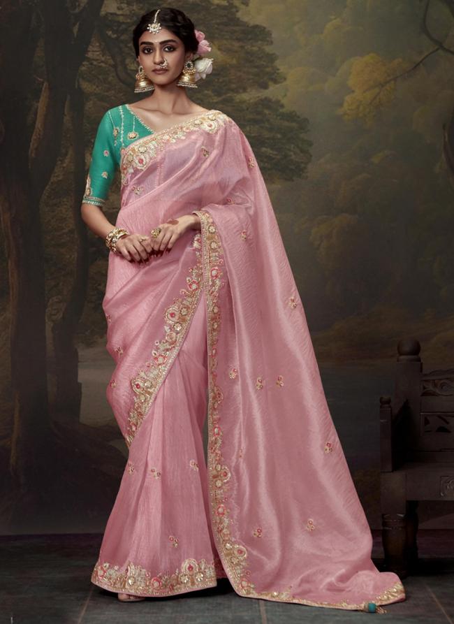 Fancy Baby Pink Party Wear Embroidery Work Saree